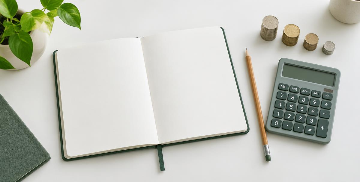 Caderno aberto, calculadora e moedas sobre uma mesa para planejamento financeiro